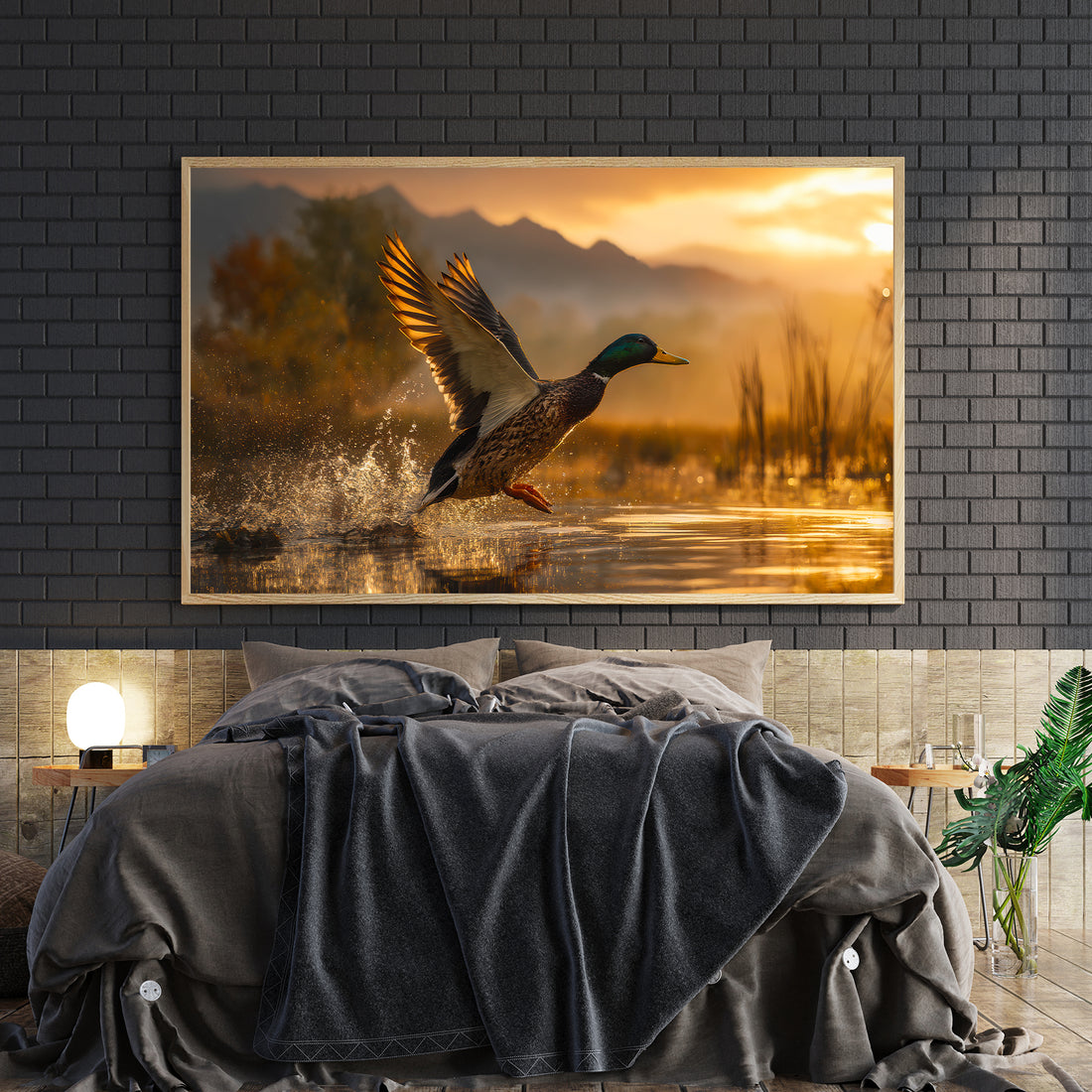 Capture the serene beauty of nature with this stunning canvas wall art featuring a duck in graceful flight against a golden sunset backdrop. The warm, luminous tones of the lake scene create an inviting focal point that transforms any room into a tranquil retreat. Expertly rendered with rich color gradients and dynamic composition, this piece brings movement and life to your living room, bedroom, or entryway. 