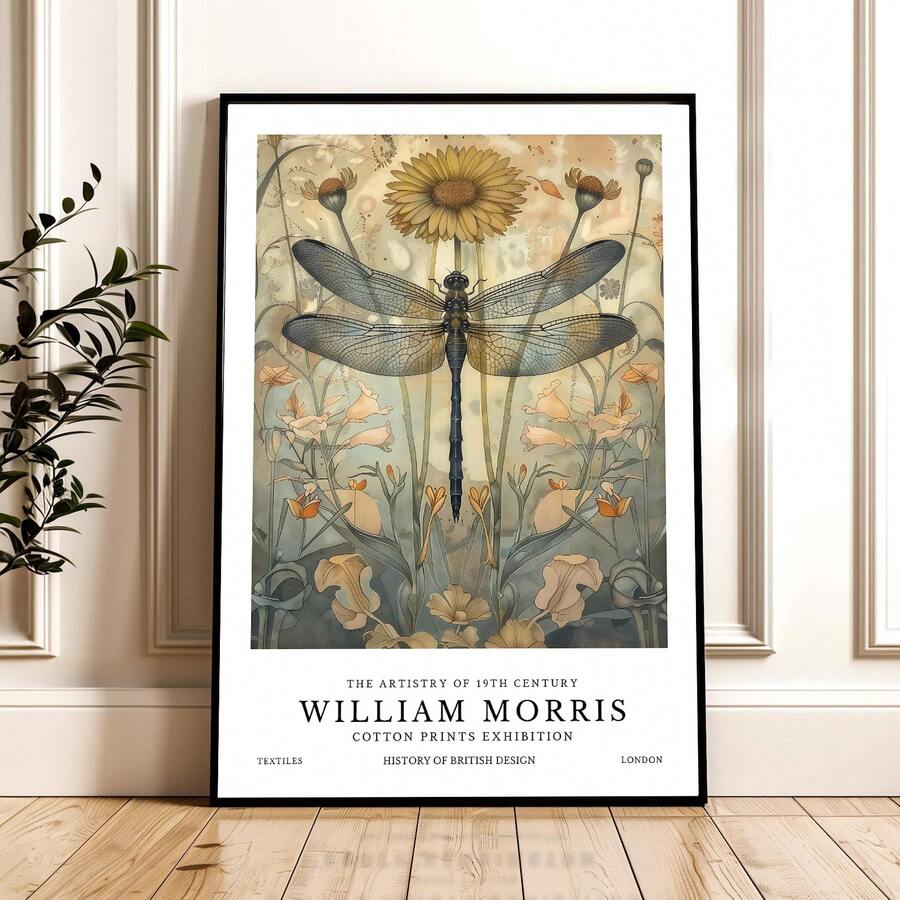 William Morris dragonfly poster on paneled wall