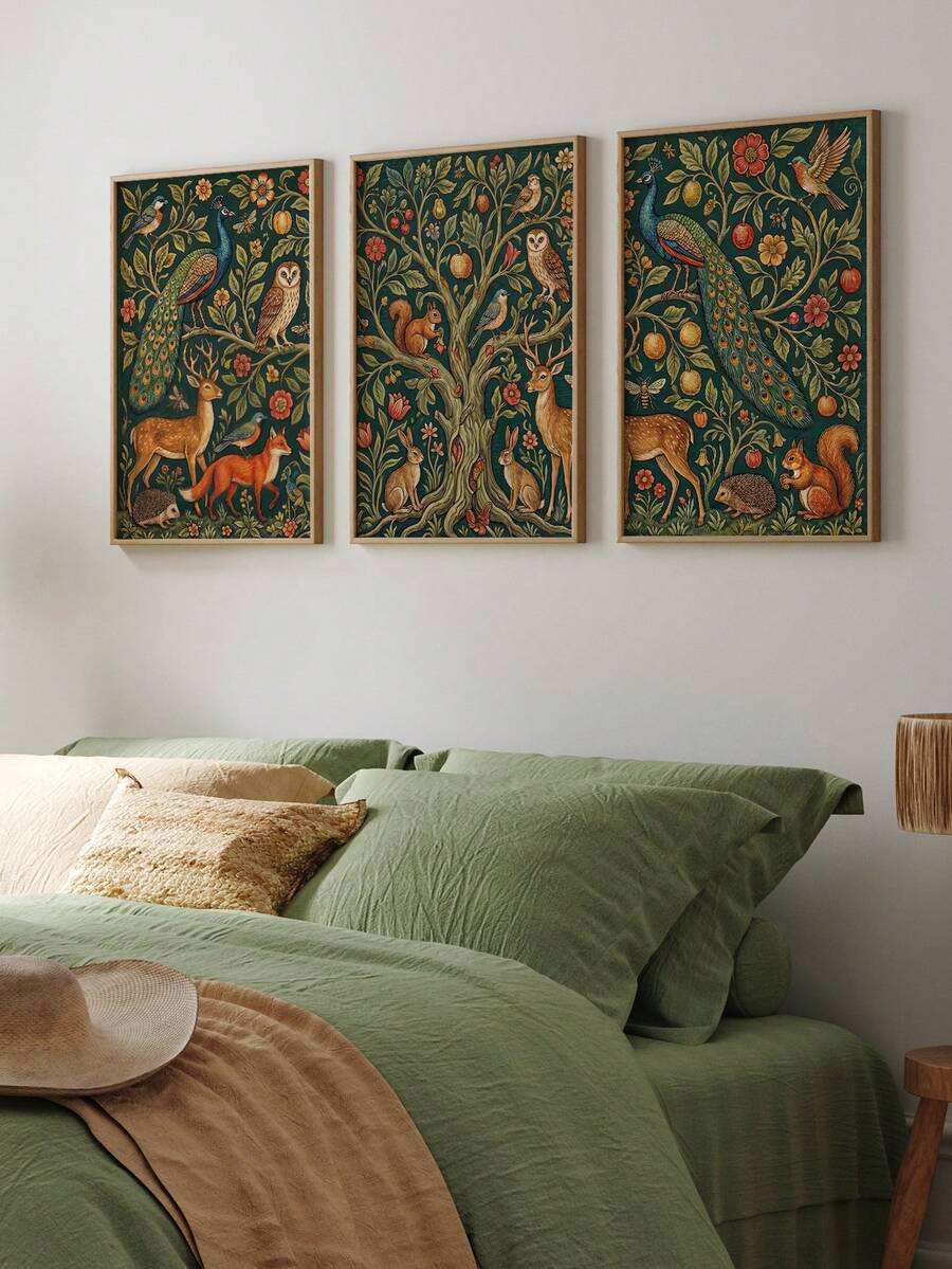 William Morris Tree of Life wall art triptych with peacocks