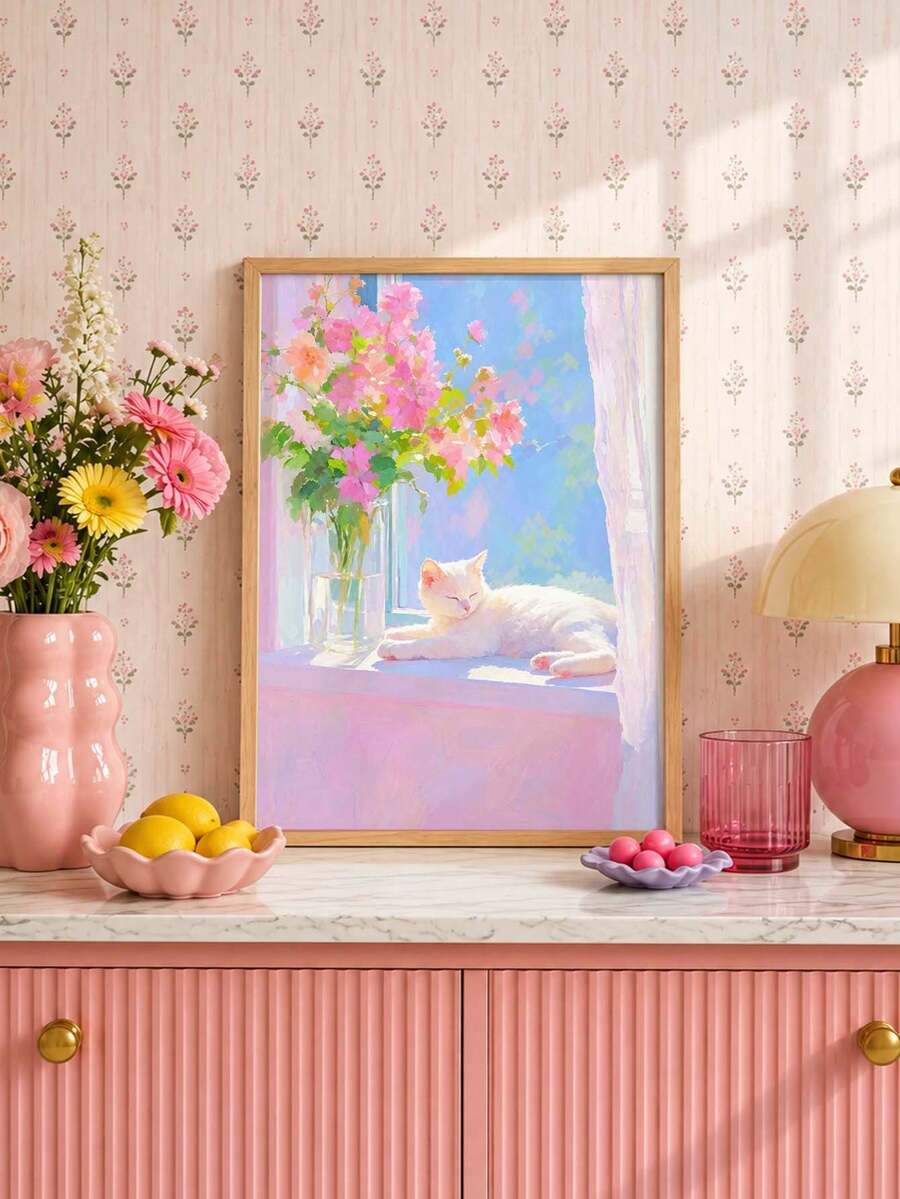 Window White Cat & Pink Flowers Soft Pastel Canvas Poster 