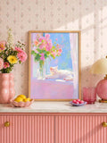 Window White Cat & Pink Flowers Soft Pastel Canvas Poster 
