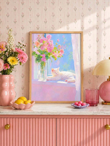 Window White Cat & Pink Flowers Soft Pastel Canvas Poster 