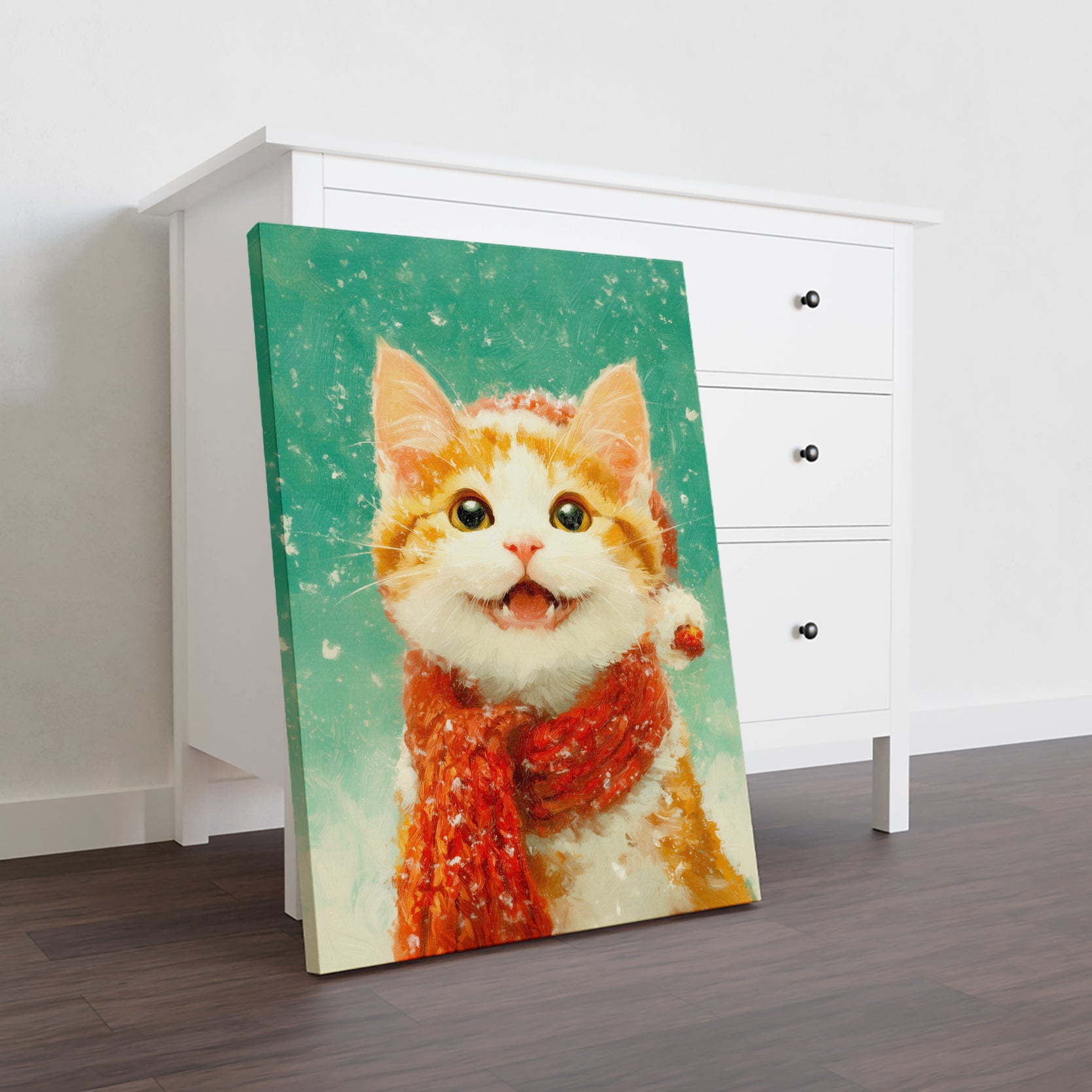 Bring warmth and charm to any room with this delightful winter-themed canvas art featuring an adorable orange and white kitten wrapped in a cozy red scarf. The vibrant color palette and whimsical subject matter create an inviting focal point perfect for living rooms, bedrooms, or above sofas.