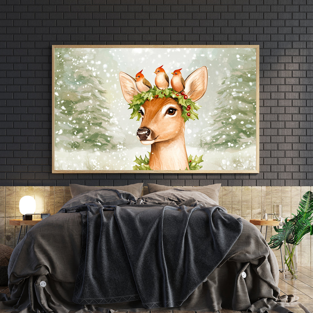Transform your space into a winter wonderland with this captivating canvas wall art featuring a majestic deer adorned with a festive holly wreath and accompanied by vibrant cardinals. This expertly crafted piece combines seasonal charm with timeless elegance, making it an ideal focal point for your living room, above your sofa, or beside your bed. The rich holiday palette and intricate details create visual depth that complements both traditional and contemporary interiors.