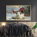 Transform your space with this evocative winter landscape canvas. Featuring a charming red barn nestled in a snow-covered pastoral setting with grazing sheep, this piece captures the serene beauty of rural farmlife.