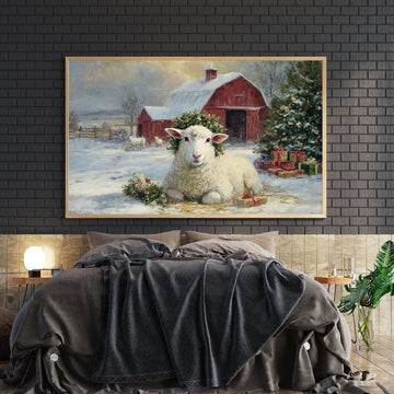 Transform your space with this evocative winter landscape canvas. Featuring a charming red barn nestled in a snow-covered pastoral setting with grazing sheep, this piece captures the serene beauty of rural farmlife.
