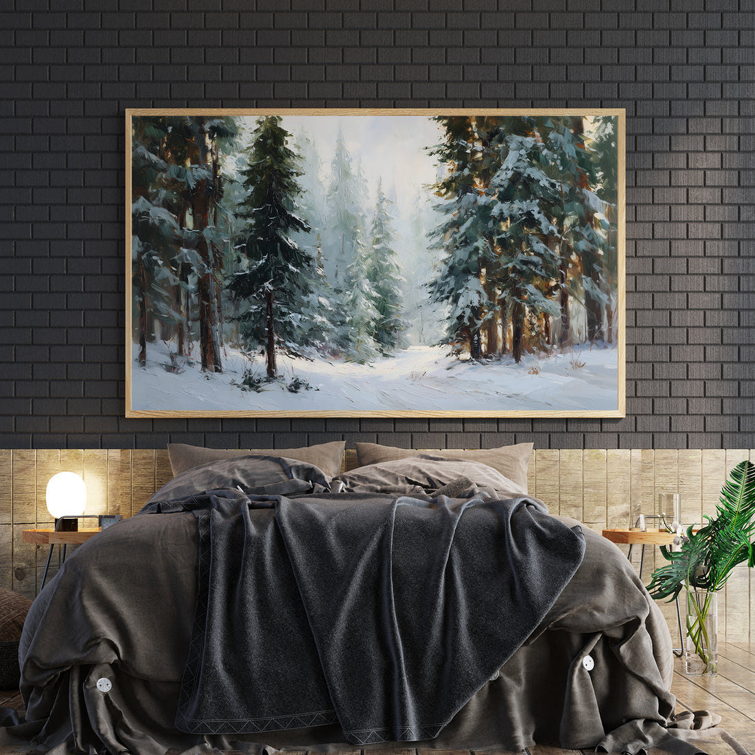 Bring the serene beauty of a snow-laden forest into your home with this stunning canvas wall art. Featuring meticulously rendered pine trees blanketed in pristine white snow, this landscape painting captures the tranquil essence of winter wilderness.