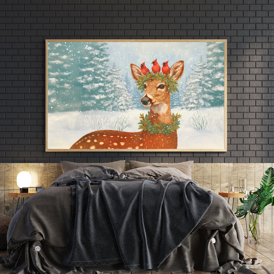 Transform your space into a winter wonderland with this captivating canvas wall art. Featuring a serene snowy forest scene, the composition showcases a graceful deer alongside vibrant cardinals, accented by a lush pine wreath. The expertly rendered details and rich color palette create a sophisticated focal point that brings seasonal warmth to any room. 
