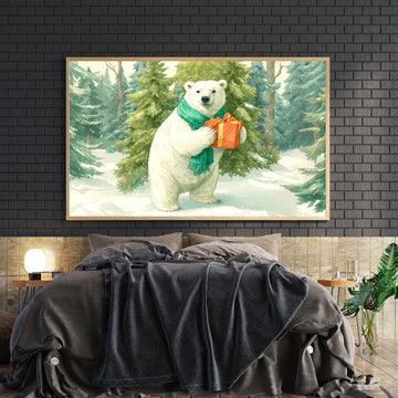 Winter Holiday Canvas Wall Art, Polar Bear with Gift in Snowy Forest Transform your space with this enchanting canvas artwork featuring a majestic polar bear cradling a festive gift amidst a serene snowy forest landscape.
