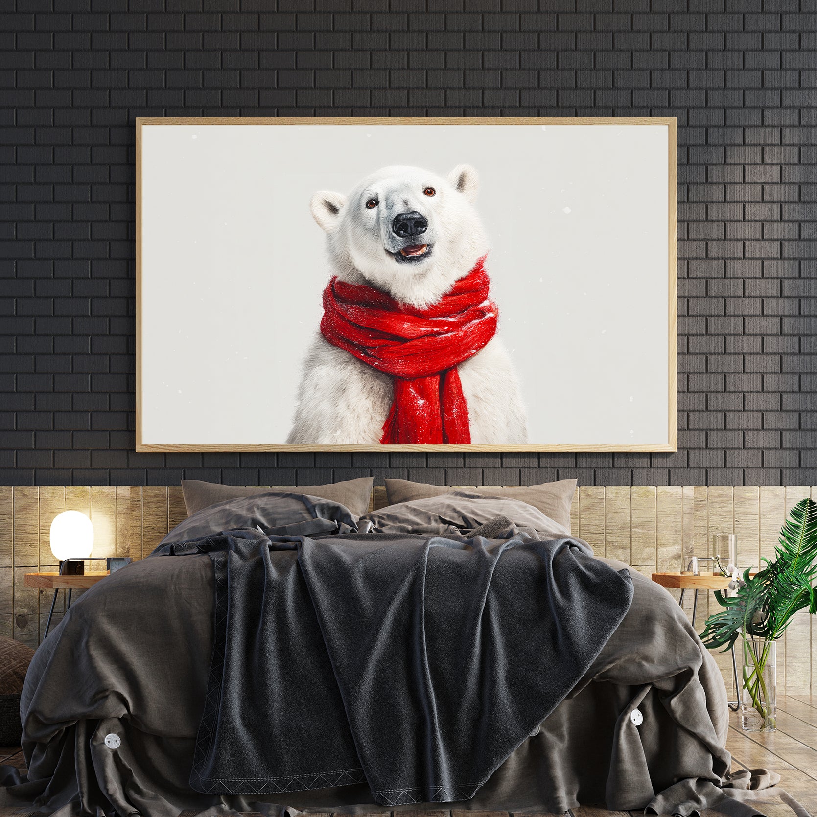 Bring festive warmth to any room with this charming winter holiday canvas art. Featuring a serene white polar bear adorned with a vibrant red scarf, this piece captures the essence of seasonal comfort and joy.