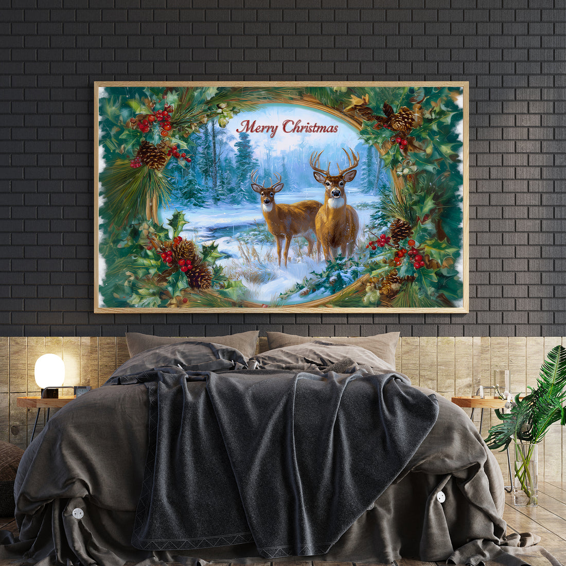 Transform your space into a winter wonderland with this captivating canvas wall art featuring an elegant deer surrounded by festive holly borders. Perfect for creating a sophisticated holiday atmosphere in your living room, above your sofa, or beside your bed, this print combines natural beauty with seasonal charm.