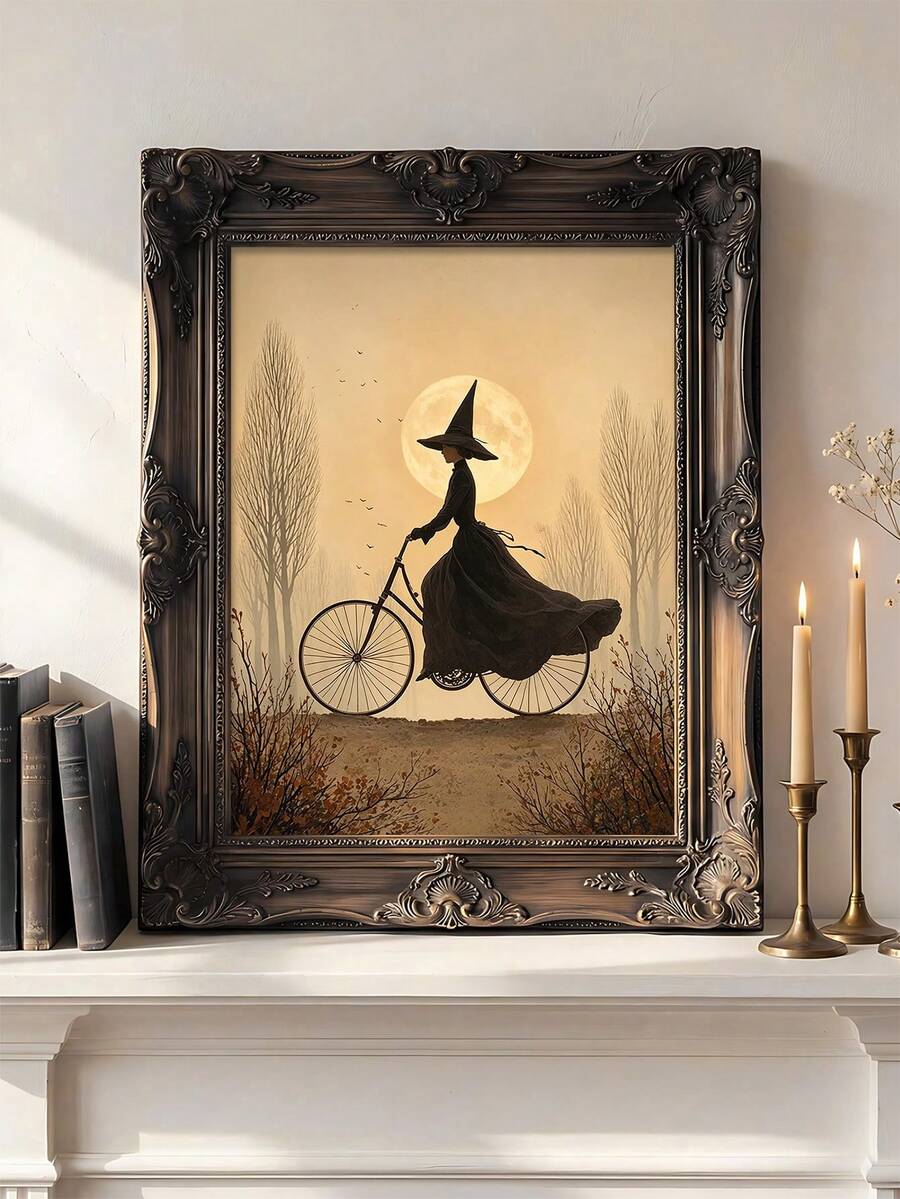 Witch bicycle Halloween framed wall art