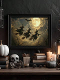 Three witches flying beneath full moon over Halloween mantel