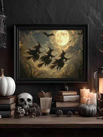 Three witches flying beneath full moon over Halloween mantel