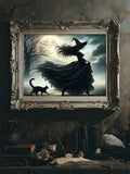 Witch walking with black cat beneath a full moon canvas poster