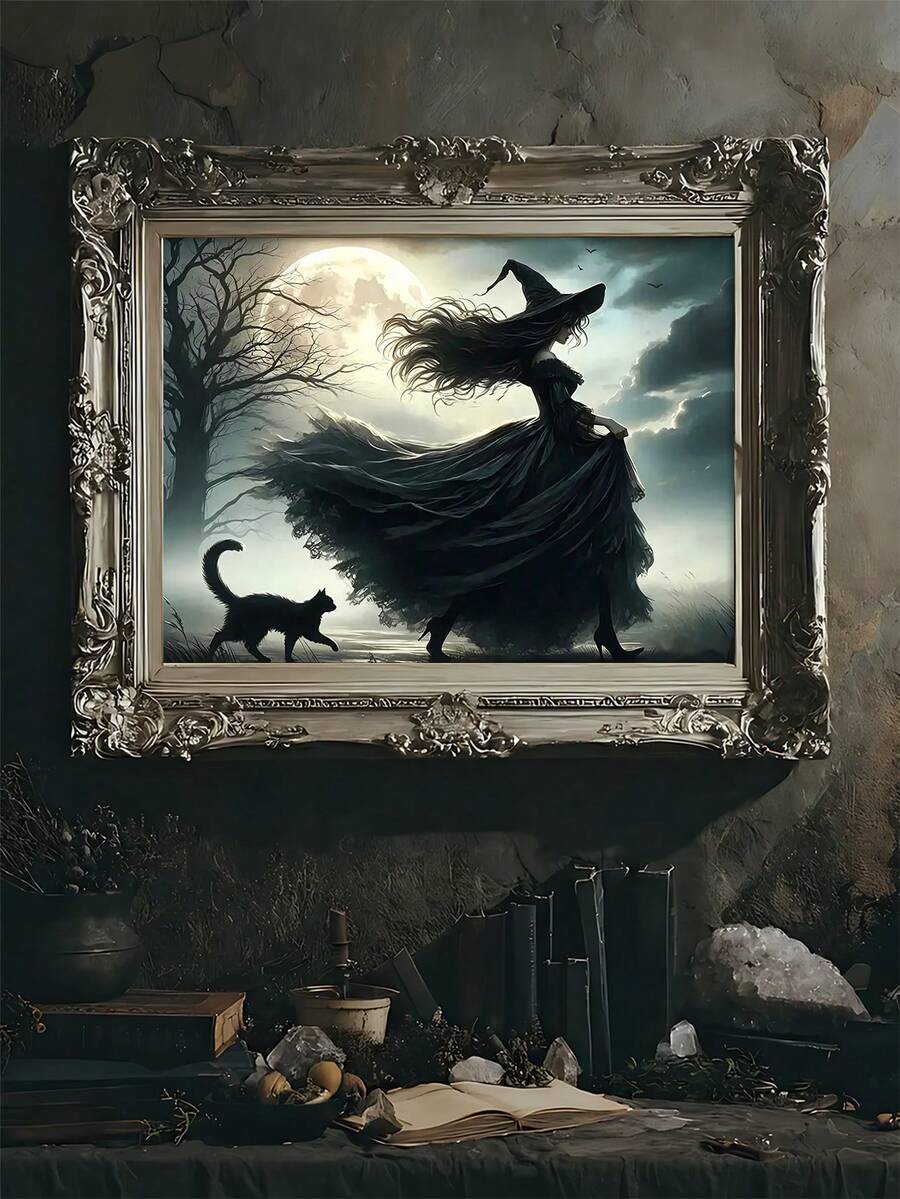 Witch walking with black cat beneath a full moon canvas poster