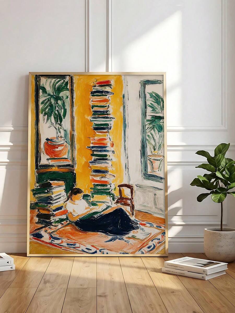 Woman reading by window minimalist canvas poster