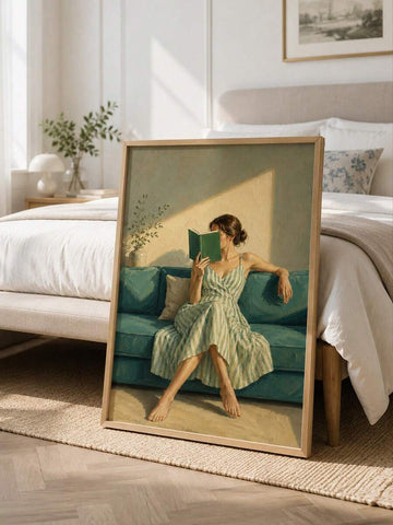Framed wall art of woman reading on teal sofa displayed in cozy bedroom