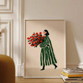 Woman With Red Roses & Green Striped Coat Modern Fashion Canvas Poster 