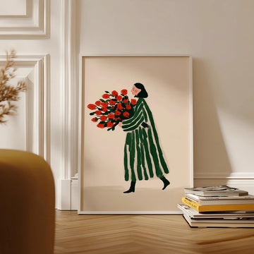 Framed minimalist woman carrying bouquet of red flowers, leaning on wall beside stack of books