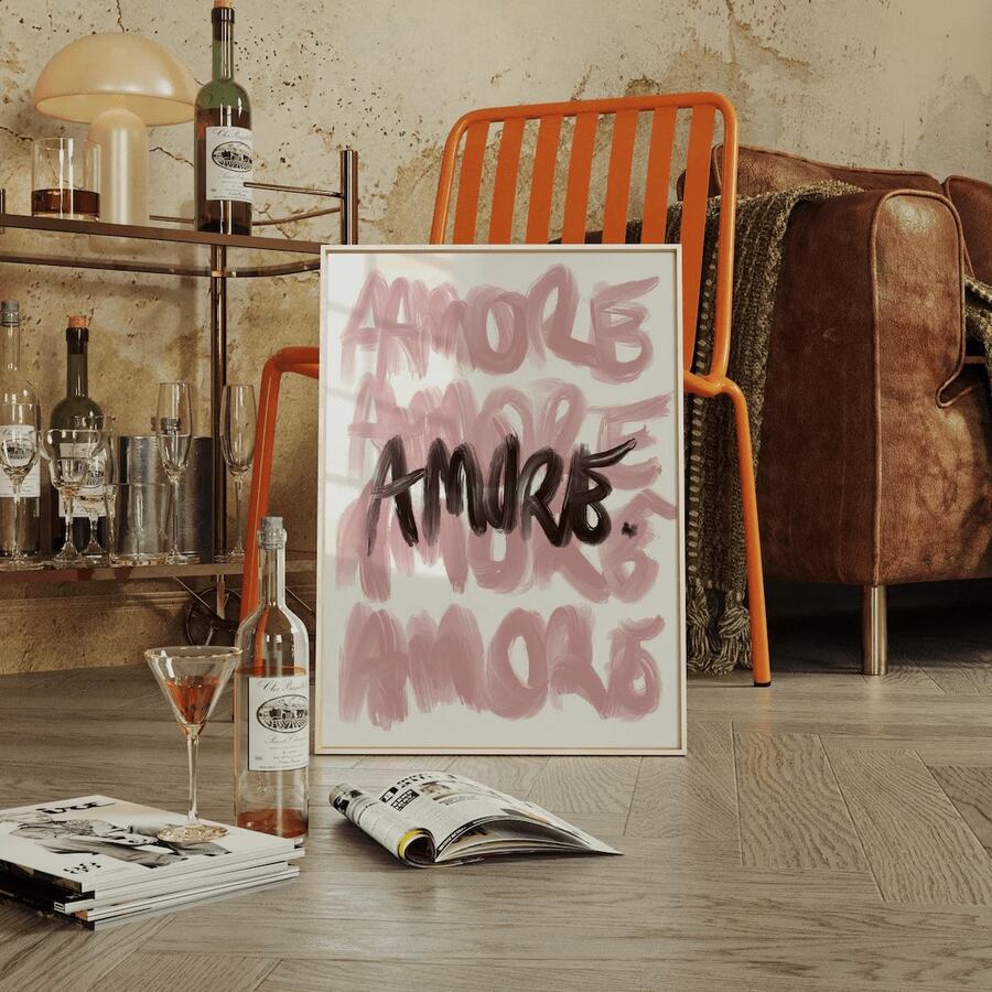 Framed Amore lettering canvas with blush brush script and dark center word