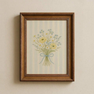 Yellow Buttercup & Blue Floral Striped Vintage Canvas Poster