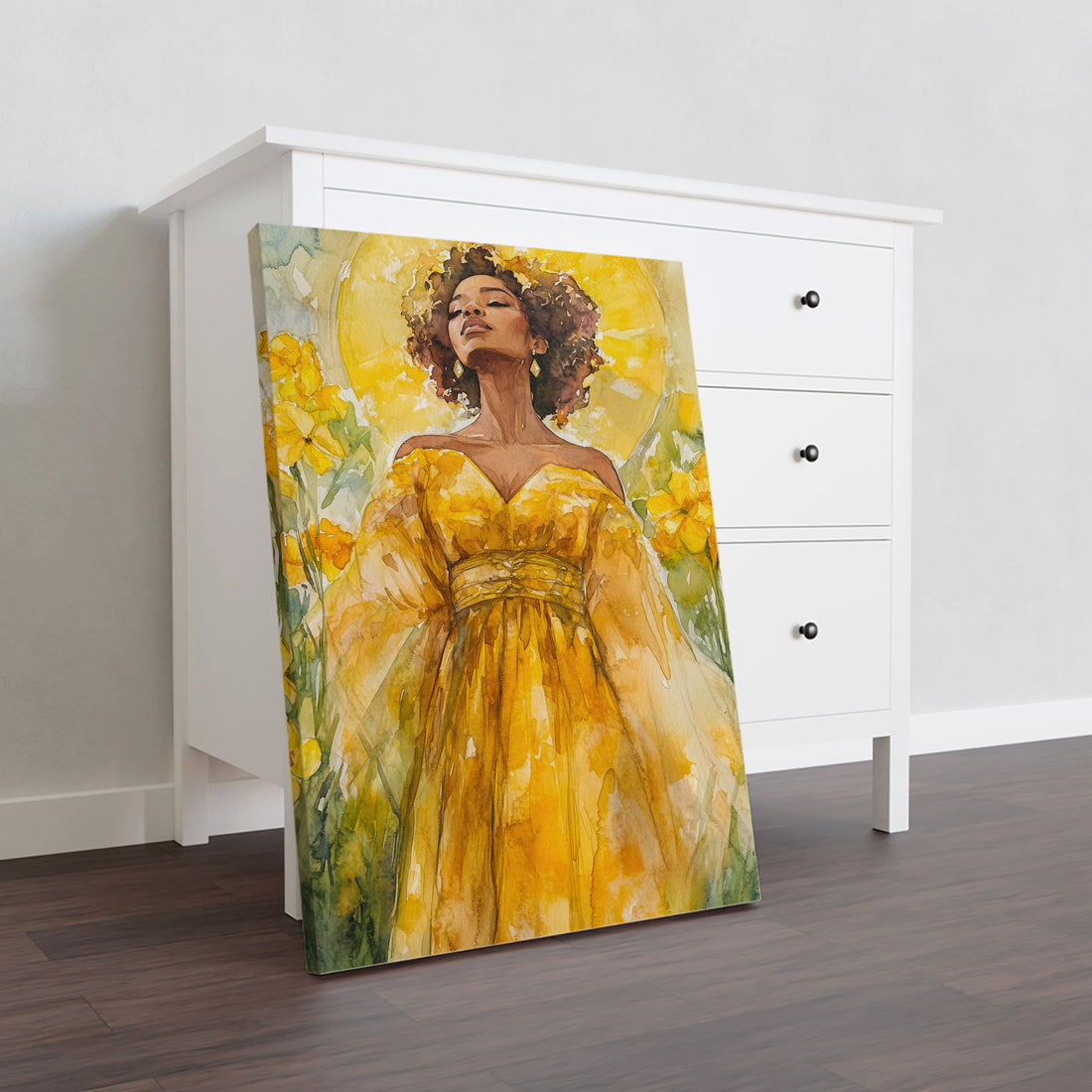 Elevate your home decor with our Yellow Floral Watercolor Canvas Wall Art featuring an elegant figure in a golden dress. This beautiful piece adds a touch of sophistication and beauty to any room, making it perfect for living rooms, sofa backdrops, and bedside decorations. Create a warm and inviting atmosphere with this stunning addition to your home.