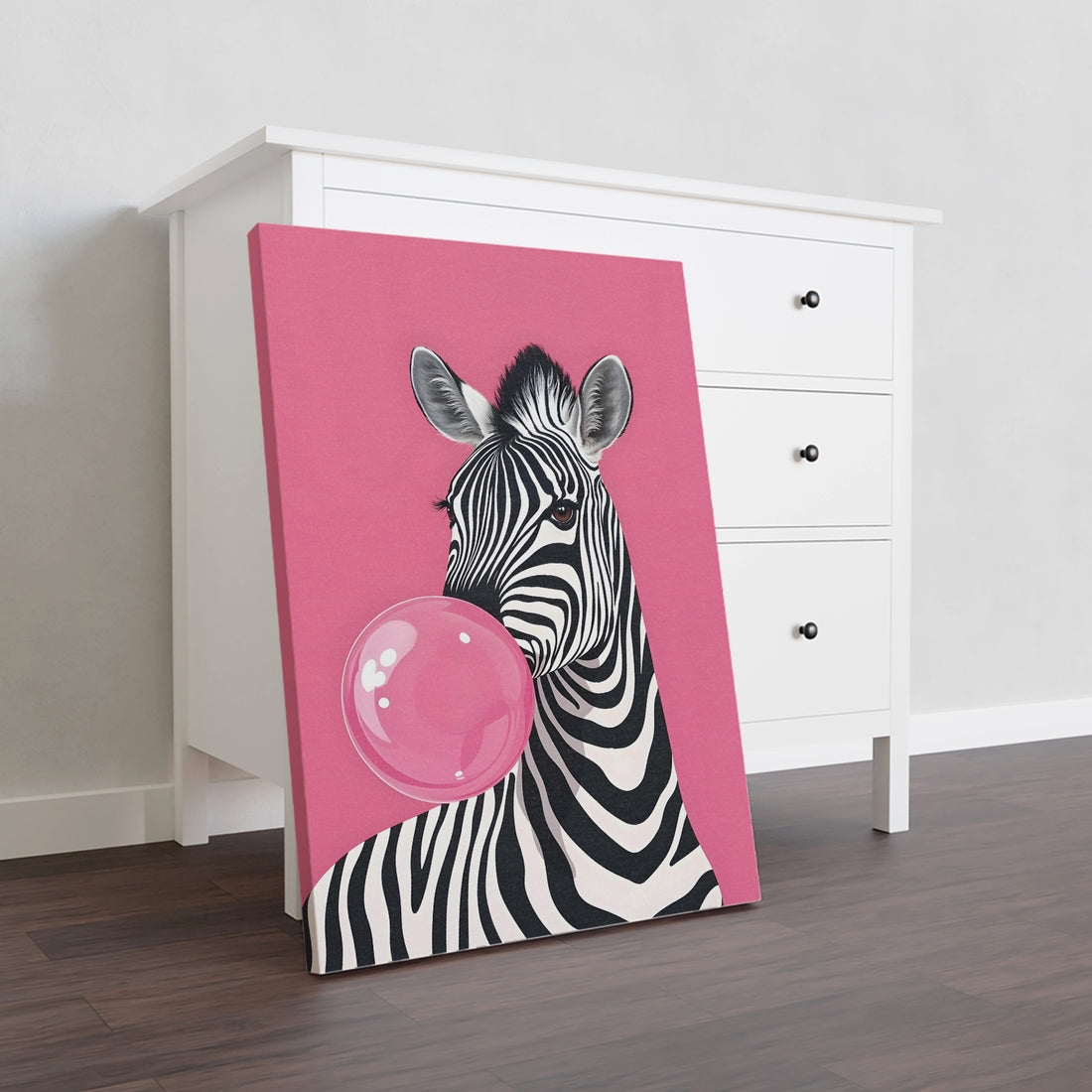 Introduce lively color to your living space with our Zebra Bubblegum Wall Art. Expertly printed on a pink background canvas, this piece adds a playful touch to a living room, sofa backdrop, bedside, or any room in need of a pop of color. Perfect for adding charming home decor.