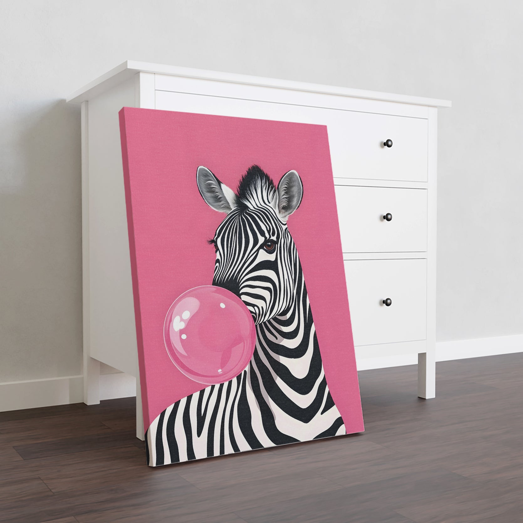 Introduce lively color to your living space with our Zebra Bubblegum Wall Art. Expertly printed on a pink background canvas, this piece adds a playful touch to a living room, sofa backdrop, bedside, or any room in need of a pop of color. Perfect for adding charming home decor.