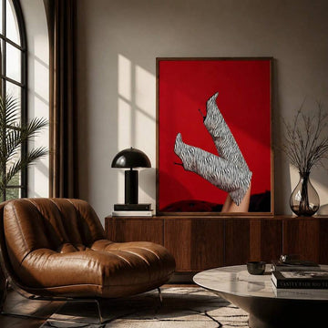 Zebra Striped High Heels Boots Red Background Fashion Photography Canvas Poster