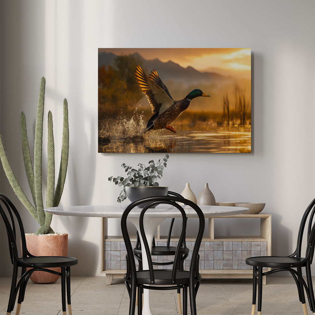Capture the serene beauty of nature with this stunning canvas wall art featuring a duck in graceful flight against a golden sunset backdrop. The warm, luminous tones of the lake scene create an inviting focal point that transforms any room into a tranquil retreat. Expertly rendered with rich color gradients and dynamic composition, this piece brings movement and life to your living room, bedroom, or entryway. 