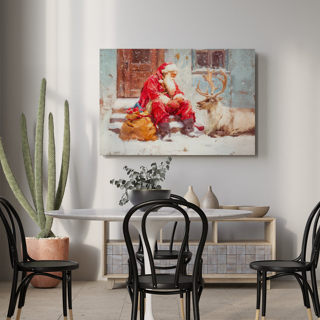 Transform your space into a winter wonderland with this captivating canvas wall art featuring a serene Christmas scene complete with majestic reindeer. Expertly crafted to capture the magic of the holiday season, this piece brings festive warmth to any room—whether displayed above your sofa, beside your bed, or as a focal point in your living area. The rich, detailed imagery creates an inviting atmosphere that resonates with both traditional and contemporary décor styles. 