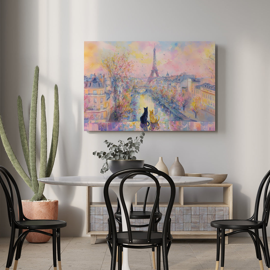 Elevate your interior with this captivating Paris cityscape canvas, where delicate watercolor artistry meets charming feline companions. The composition features an iconic Eiffel Tower view rendered in soft, flowing washes of color, creating an atmosphere of Parisian elegance and whimsy.