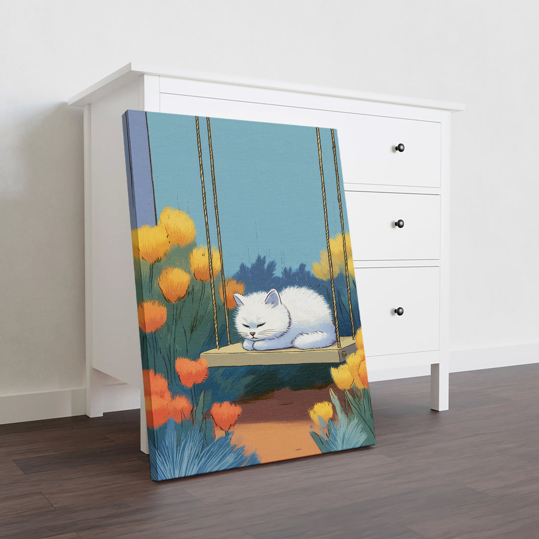 Enhance your living space with this elegant Sleeping White Cat Canvas Wall Art featuring a serene garden swing scene. Perfectly sized for living rooms, sofa backdrops, or bedside decoration, this print adds a calming and sophisticated touch to your home decor. Crafted to bring tranquility and charm, it complements various interior styles while creating a peaceful ambiance.